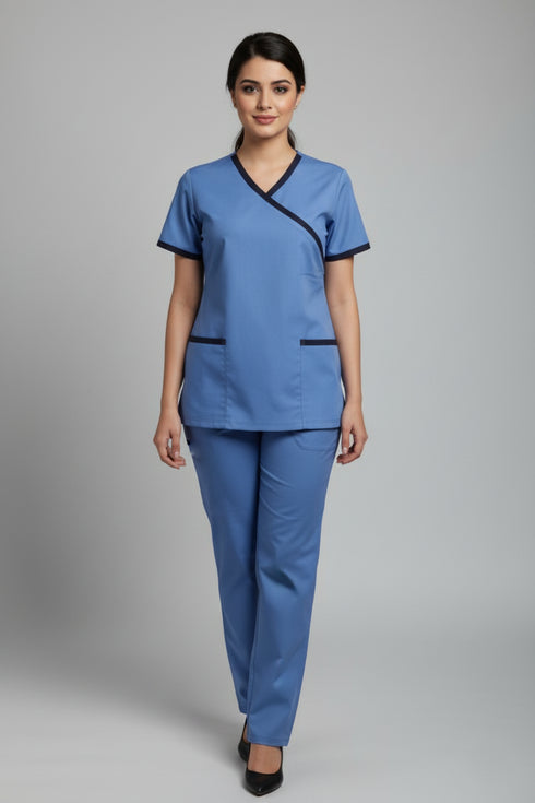 Women's 2-Pocket Mock Wrap Scrub with Contrast-Cotton-Polyester Blend